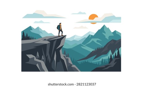Fearless climber on mountain cliff edge landscape vector illustration