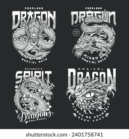 Afiches de juego de dragones intrépidos monocromos con monstruo de fuego y flores cerca de inscripciones artes marciales mixtas ilustración vectorial