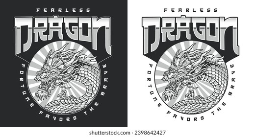 Fearless eastern dragon monochrome sticker with snake with horns and mustache mascot symbolizing fortune and brave vector illustration