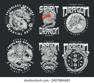 Fearless fighting dragon colorful set stickers with totem for MMA and mixed martial arts fighters vector illustration