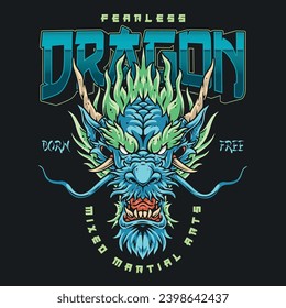 Fearless fighting dragon colorful sticker with oriental mascot monster head near mixed martial arts header vector illustration