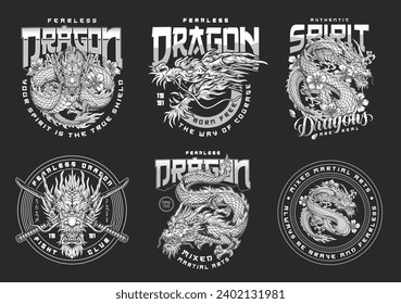 Fearless fighting dragon monochrome set flyers with brave monster and katanas near inscriptions about mixed martial arts MMA vector illustration