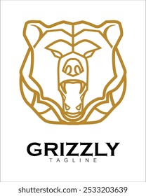 Furchtloser Grizzly. Ein brüllender Grizzlybär. Grizzlykopf. Elegance Roaring Grizzle im Monogramm-Stil, mit Text kombinieren