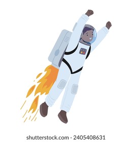 Fearless Kid Astronaut Soars Through The Cosmic Expanse With A Jet Pack, Surrounded By Twinkling Stars And Distant Planets, Fueled By Dreams Of Interstellar Exploration. Cartoon Vector Illustration