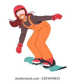 Fearless Kid Glides Down Snowy Slopes On Snowboard, Carving Through The Winter Wonderland With Joyous Skill, Bundled Up In Colorful Winter Gear, Embracing The Chilly Adventure. Vector Illustration
