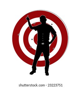 Fearless man stay at target and show middle finger at the same time.