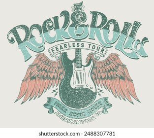 Fearless music tour. Make some noise. Eagle vintage vector t shirt design. Rock and roll with wing logo artwork for apparel and others.