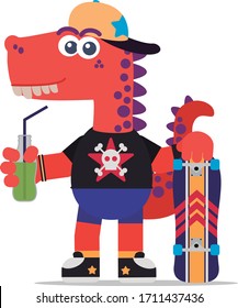 Fearless orange dinosaur with a skateboard and a soda. Cartoon style. Vector illustration. Flat design style.