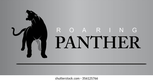 Fearless  Panther. Roaring Predator. Roaring Panther. Elegant Panther icon, roaring fang face, combine with text in the horizontal composition. Front view of a panther.