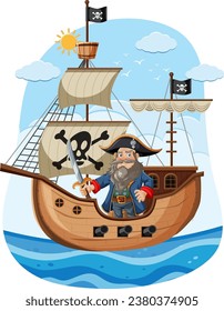 A fearless pirate captain brandishes a sword on a ship sailing through the vast sea