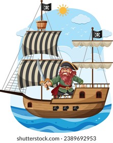 A fearless pirate captain brandishes a sword on a ship sailing through the vast sea