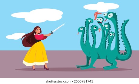 
Fearless Princess Fighting with Sword Against Evil Dragon Vector Illustration. Female hero defeating an evil monstrous creature in a fairy tale
