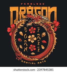 Fearless red dragon colorful poster with flower buds and mythical ring-shaped monster trying to bite its tail vector illustration