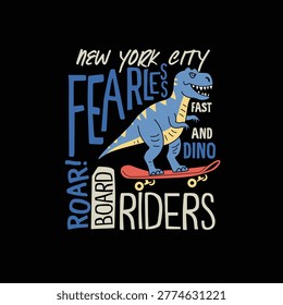 Fearless Roar Dinosaur skate board rider vector illustration graphic tee