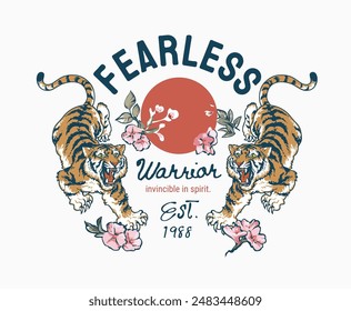 fearless slogan with double tigers and sakura flower on the sun background vector illustration