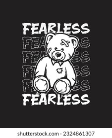 Lema intrépido con gráfico de muñeca de oso dibujado a mano sobre fondo negro. Perfecto para afiches, diseño de camisas y cualquier cosa de ropa. Ilustración vectorial