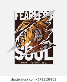 fearless soul slogan with tiger ripped off illustration