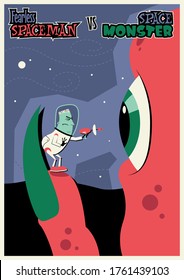 Espaceman intrépido versus Monstruo Extraterrestre, Caricatura Ilustración Estilo Vintage, Astronauta con pistola láser contra monstruo extranjero