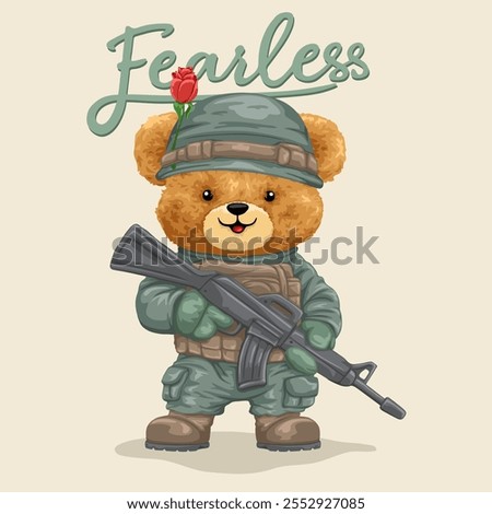 Fearless Teddy Bear in Military Gear with Rifle and Red Rose, vector illustration