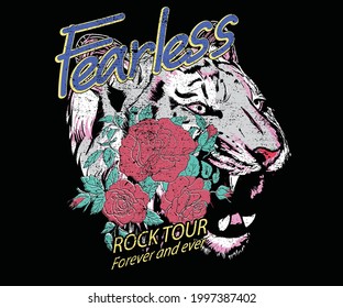 Fearless tiger face print design. Rock and roll poster artwork. Vintage rose for apparel n others 