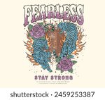 Fearless tiger print design for t shirt and others. Vintage music poster. Animal world tour print design. Hungry wild cat. Freedom spirit. Wild and free. Animal logo. Tiger design. Stay strong.