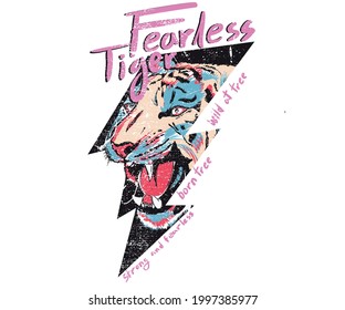 Fearless tiger print design. Wild at the heart vector. Animal rock and roll artwork for fashion and others. 