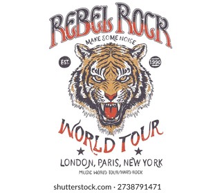 Fearless tiger print design. Wild at the heart vector. Animal rock and roll artwork for fashion and others. Tiger rock and roll poster design.