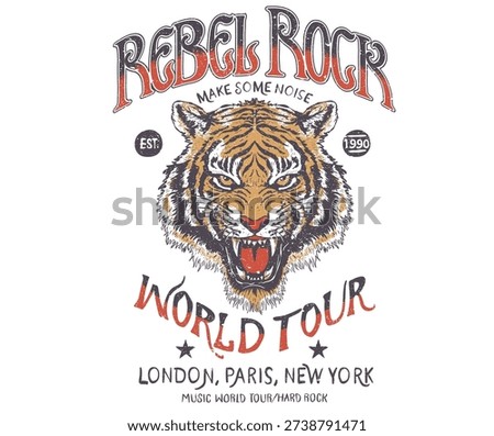 Fearless tiger print design. Wild at the heart vector. Animal rock and roll artwork for fashion and others. Tiger rock and roll poster design.