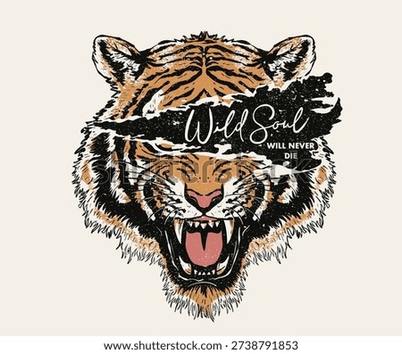 Fearless tiger print design. Wild at the heart vector. Animal face graphic design for fashion and others.