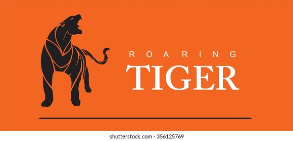 Fearless  Tiger. Roaring Predator. Roaring Tiger. Elegant Tiger icon, roaring fang face, combine with text in the horizontal composition. Front view of a tiger.