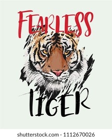 fearless tiger slogan with tiger through ripped clothe illustration