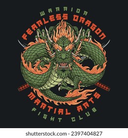 Fearless warrior dragon colorful poster with asian swords behind mixed martial arts or boxing club mascot vector illustration