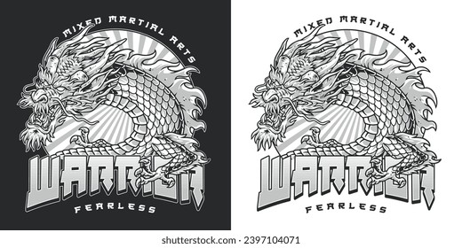 Fearless warrior dragon monochrome sticker with classic monster from oriental legends for design of invitations to fight club vector illustration