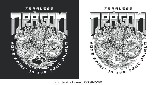 Fearless warrior dragon monochrome sticker with snake and flowers for mixed martial arts tournament ticket design vector illustration