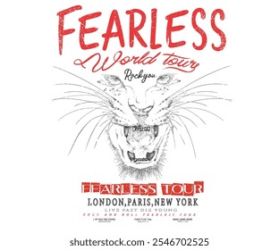 Fearless world tour. Tiger face artwork. Rock star design. Tiger face vector artwork for t shirt and others. Rock and roll graphic print design for apparel, stickers, posters and background.