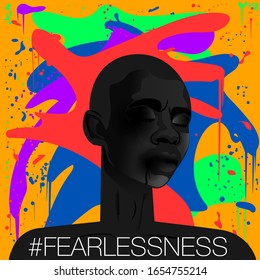 Fearlessness. Young bruised african in a front of bright background. Vector illustration.