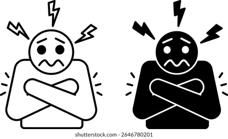 Teme Ícones. Ilustrações de vetor em preto e branco. Emoções ou sentimentos que surgem devido a um sentimento de perigo. A Pessoa Tem Muito Medo. Psicologia do Conceito