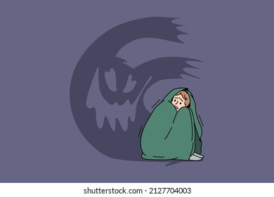 Fears panic and nightmare concept. Young stressed boy covered with blanket sitting on ground feeling ghost around panic and nervous problems vector illustration 