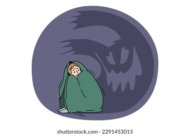 Fears panic and nightmare concept. Young stressed boy covered with blanket sitting on ground feeling ghost around panic and nervous problems vector illustration