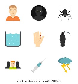 Fears and phobias icon set. Flat style set of 9 fears and phobias vector icons for web isolated on white background
