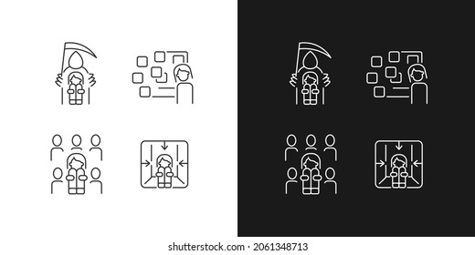 Fears and phobias linear icons set for dark and light mode. Fear of crowd, death. Panic attack, mental disorder. Customizable thin line symbols. Isolated vector outline illustrations. Editable stroke