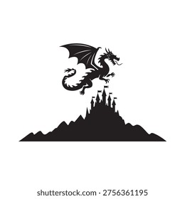 A fearsome black dragon flies over a silhouetted castle and mountainous terrain