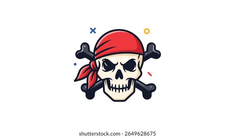 Um crânio de desenho animado temível e ossos cruzados com uma bandana vermelha e ossos cruzados representam perigo e aventura no alto mar