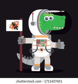 Furchtbarer Dinosaurierastronaut im All. Cartoon-Stil. Vektorillustration. Flaches Design.