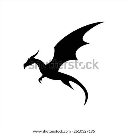 A fearsome dragon silhouette soars through the air, showcasing its powerful wings and fierce expression. The creature embodies strength and mystery against a simple background.