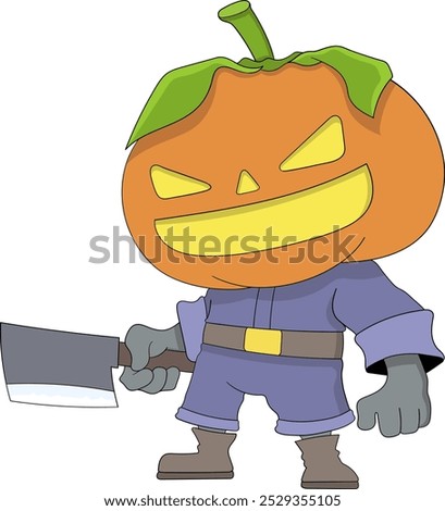A fearsome Halloween character with a pumpkin head and a sinister grin is shown holding a large cleaver, dressed in dark clothing.
