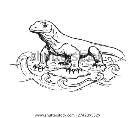 A fearsome komodo lizard emerges from turbulent ocean waves in this detailed illustration, evoking a sense of danger and mystery.
