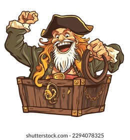 A fearsome pirate with a stolen treasure. The adventure of the corsairs. Cartoon vector illustration. label, sticker, t-shirt printing