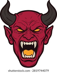 Fearsome red devil face illustration with sharp fangs and bright glowing eyes conveying a sense of menace and terror