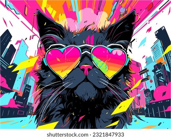 a fearsome samurai cat with sunglasses against a neon background